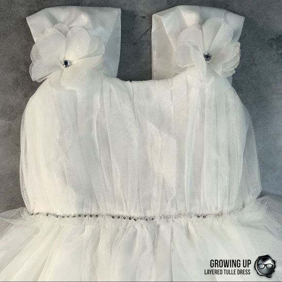 LAYERED MESH TULE PARTY DRESS IN OFF WHITE TEA LENGTH EMPIRE WAIST GIRLS SIZE 4 - Picture 5 of 15